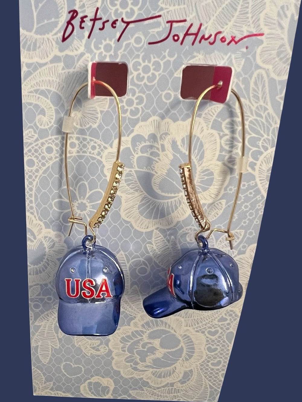 Betsey Johnson Blue Baseball Cap USA Drop Earrings